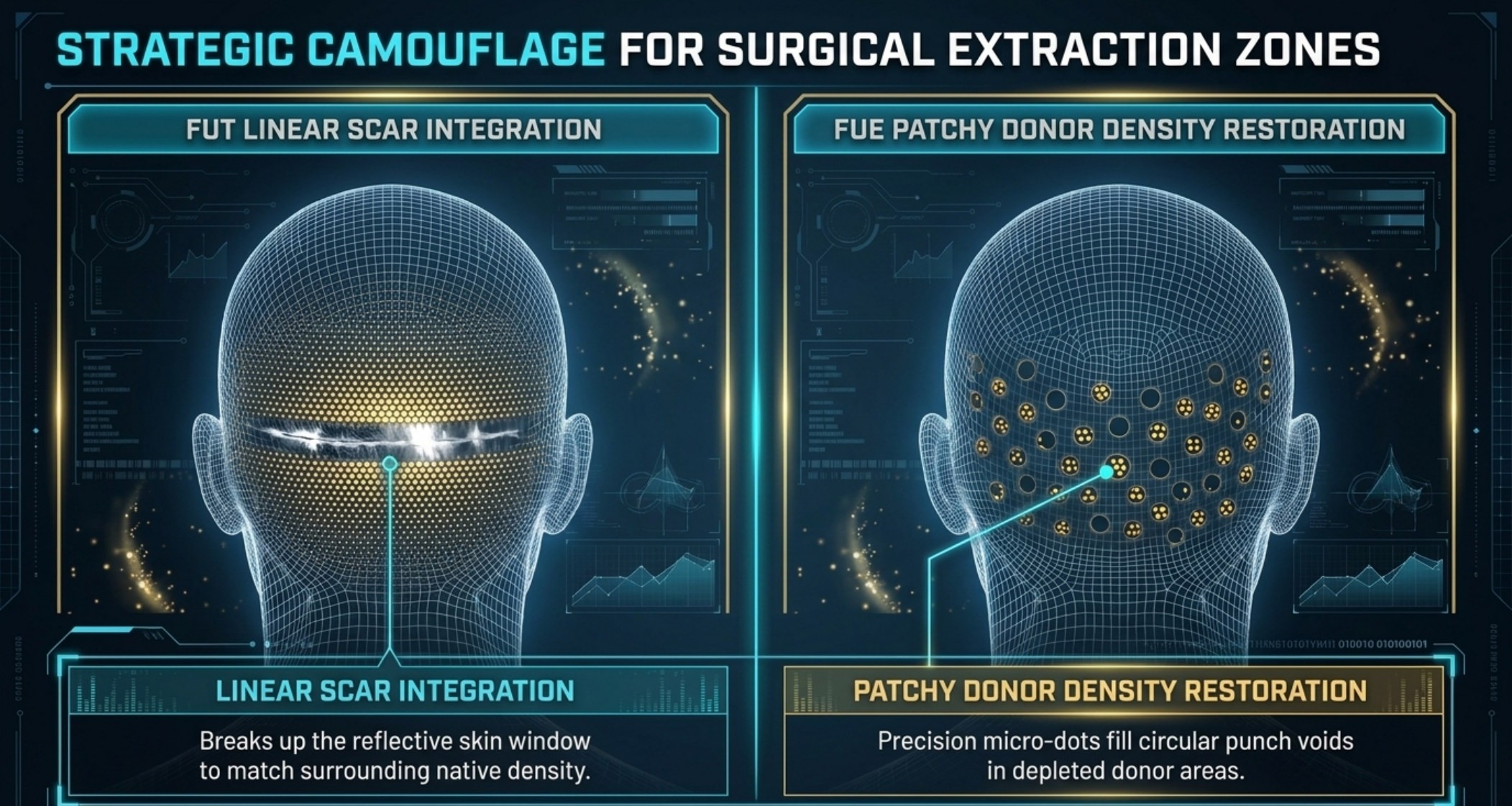 Slide showing FUT linear scar integration breaking up the reflective skin window and FUE patchy donor density restoration with precision micro-dots